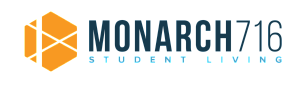 Modern logo for Monarch 716 Student Living featuring a vibrant orange geometric design.