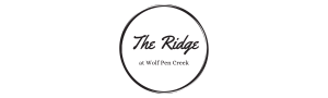Elegant logo for The Ridge at Wolf Pen Creek, featuring stylish black script within a circular design.