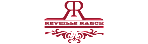Elegant Reveille Ranch logo in bold maroon, featuring stylish decorative design elements.