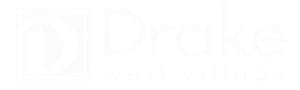 Drake West Village logo in bold white letters on a black background, showcasing modern and stylish branding.