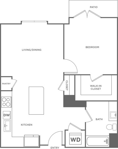 Floor plan layout diagram for One Bedroom One Bath (770 SF)