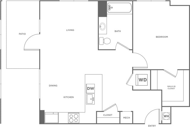 Floor plan layout diagram for One Bedroom One Bath (773 SF)