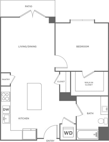 Floor plan layout diagram for One Bedroom One Bath (760 SF)