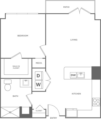 Floor plan layout diagram for One Bedroom One Bath (839 SF)