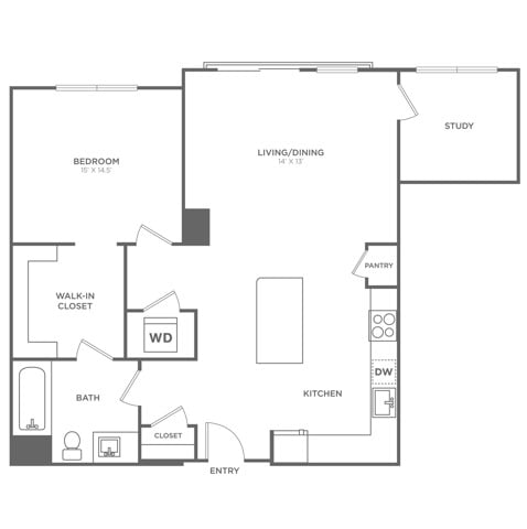 Floor plan layout diagram for One Bedroom One Bath (910 SF)