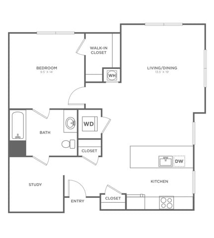 Floor plan layout diagram for One Bedroom One Bath (862 SF)