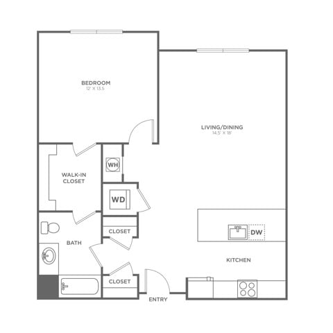Floor plan layout diagram for One Bedroom One Bath (821 SF)
