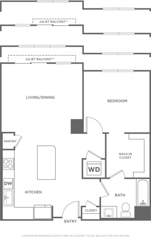 Floor plan layout diagram for One Bedroom One Bath (809 SF)