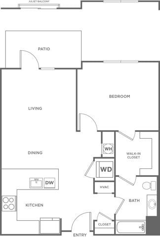 Floor plan layout diagram for One Bedroom One Bath (792 SF)