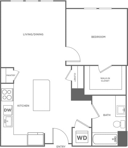 Floor plan layout diagram for One Bedroom One Bath (746 SF)