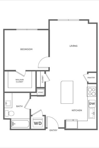 Floor plan layout diagram for One Bedroom One Bath (754 SF)