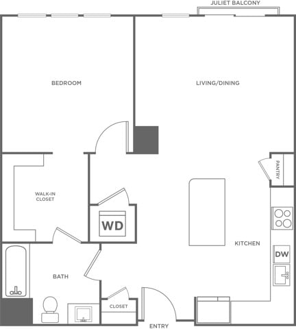 Floor plan layout diagram for One Bedroom One Bath (825 SF)