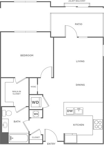 Floor plan layout diagram for One Bedroom One Bath (796 SF)