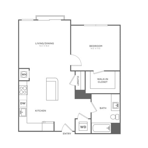 Floor plan layout diagram for One Bedroom One Bath (748 SF)