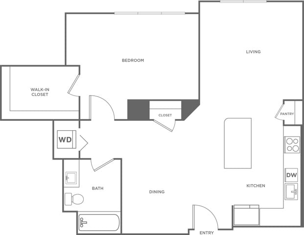 Floor plan layout diagram for One Bedroom One Bath (934 SF)