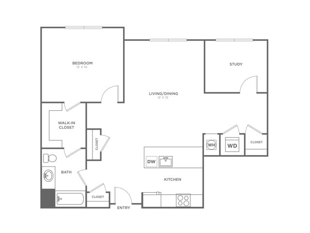 Floor plan layout diagram for One Bedroom One Bath (1,003 SF)