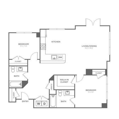 Floor plan layout diagram for Two Bedroom Two Bath (1,300 SF)