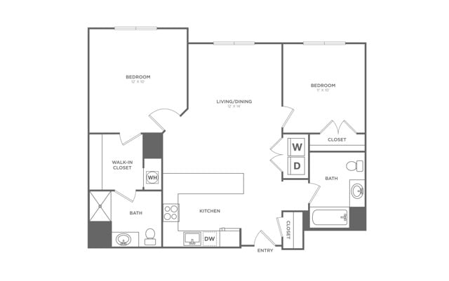 Floor plan layout diagram for Two Bedroom Two Bath (1,077 SF)