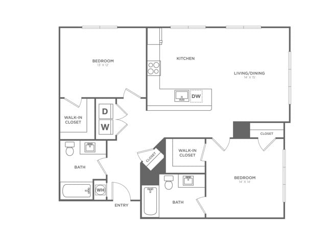Floor plan layout diagram for Two Bedroom Two Bath (1,118 SF)