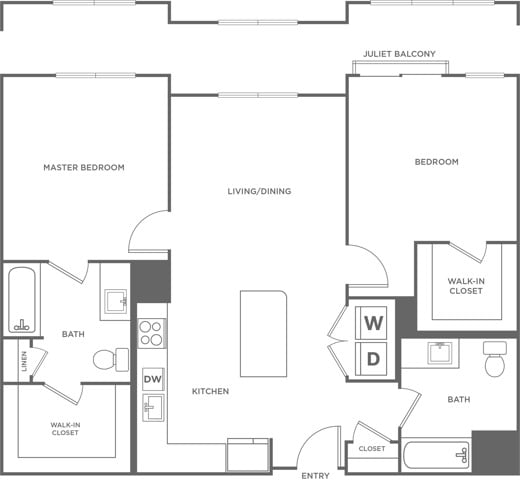 Floor plan layout diagram for Two Bedroom Two Bath (1,095 SF)