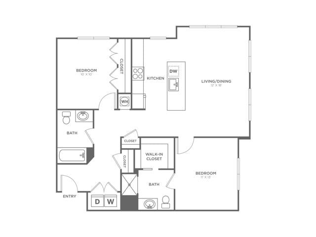 Floor plan layout diagram for Two Bedroom Two Bath (1,099 SF)
