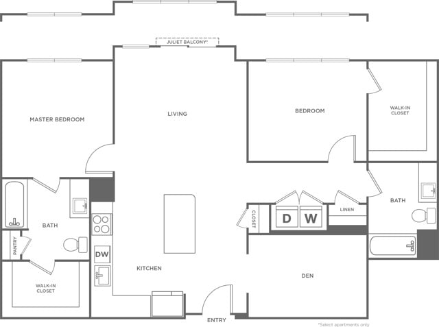 Floor plan layout diagram for Two Bedroom Two Bath (1,286 SF)
