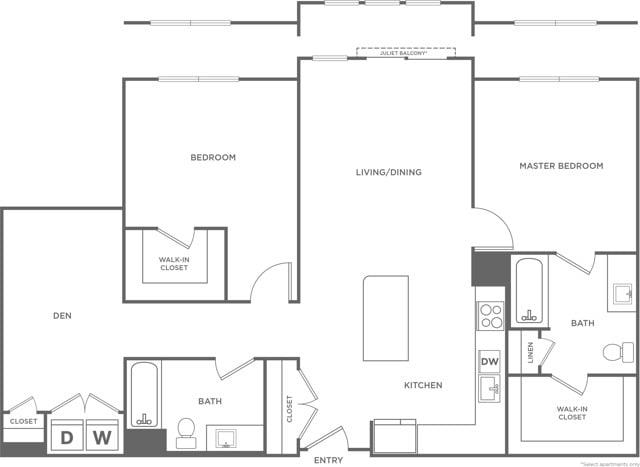 Floor plan layout diagram for Two Bedroom Two Bath (1,255 SF)