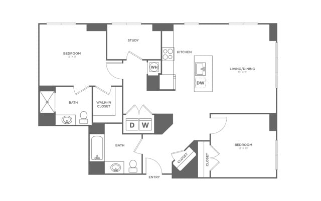 Floor plan layout diagram for Two Bedroom Two Bath (1,243 SF)