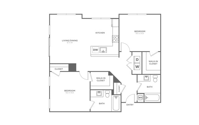 Floor plan layout diagram for Two Bedroom Two Bath (1,157 SF)