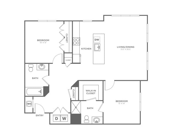 Floor plan layout diagram for Two Bedroom Two Bath (1,152 SF)