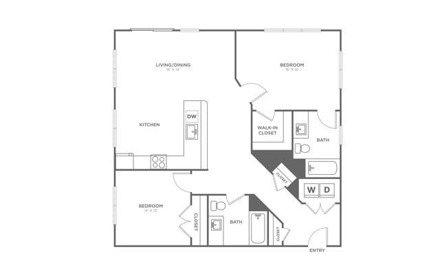Floor plan layout diagram for Two Bedroom Two Bath (1,145 SF)