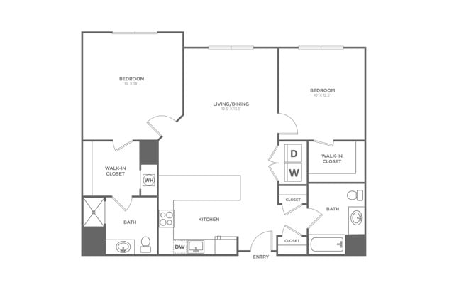 Floor plan layout diagram for Two Bedroom Two Bath (1,105 SF)
