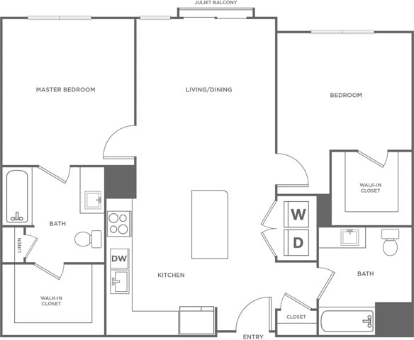 Floor plan layout diagram for Two Bedroom Two Bath (1,103 SF)