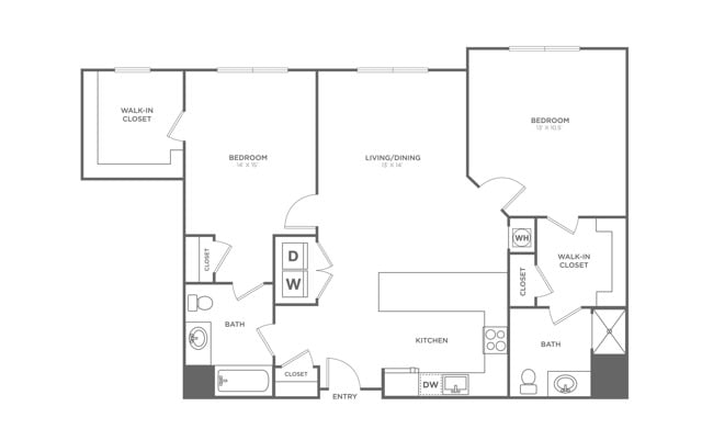 Floor plan layout diagram for Two Bedroom Two Bath (1,200 SF)