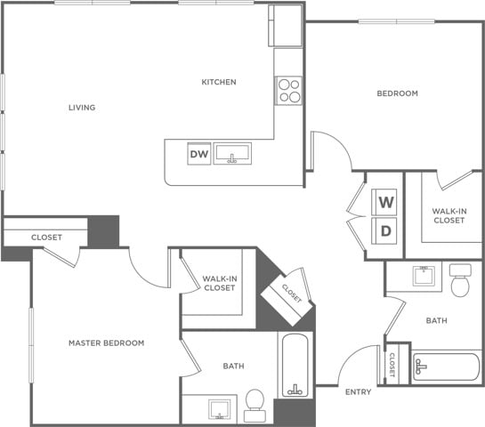Floor plan layout diagram for Two Bedroom Two Bath (1,142 SF)