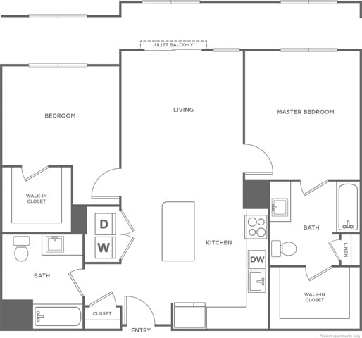 Floor plan layout diagram for Two Bedroom Two Bath (1,102 SF)