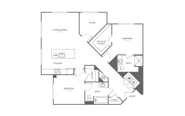 Floor plan layout diagram for Two Bedroom Two Bath (1,345 SF)