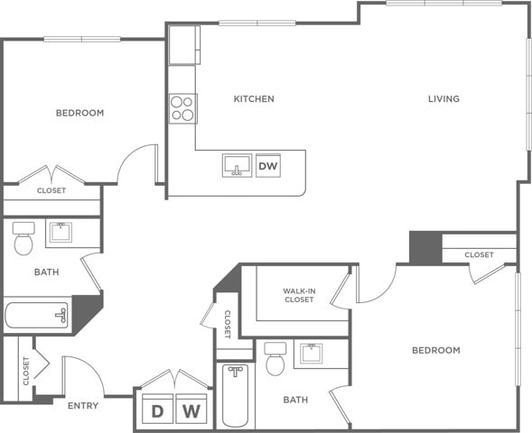 Floor plan layout diagram for Two Bedroom Two Bath (1,259 SF)