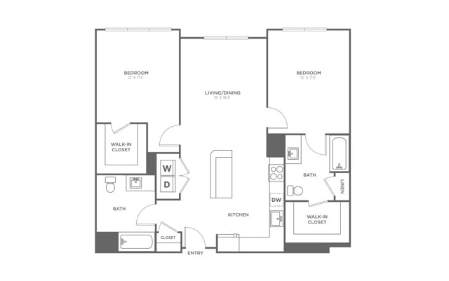 Floor plan layout diagram for Two Bedroom Two Bath (1,100 SF)
