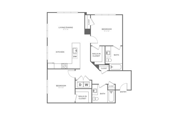 Floor plan layout diagram for Two Bedroom Two Bath (1,171 SF)