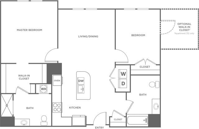 Floor plan layout diagram for Two Bedroom Two Bath (1,087 SF)