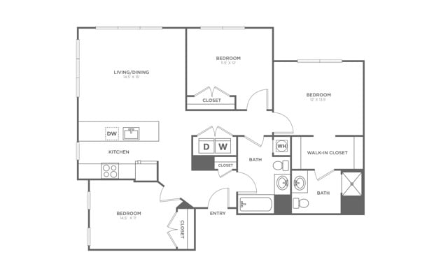 Floor plan layout diagram for Three Bedroom Three Bath (1,320 SF)