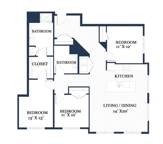 Floor plan layout diagram for Three Bedroom Three Bath (1,550 SF)