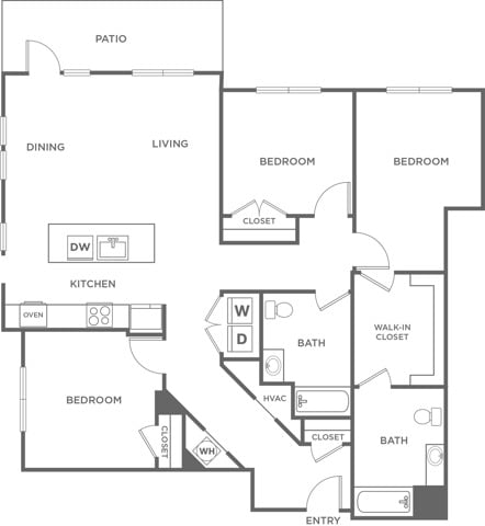Floor plan layout diagram for Three Bedroom Three Bath (1,677 SF)