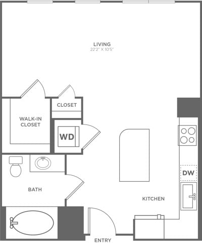 Floor plan layout diagram for Studio (632 SF)
