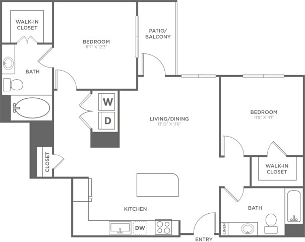 Floor plan layout diagram for Two Bedroom Two Bath (1,109 SF)