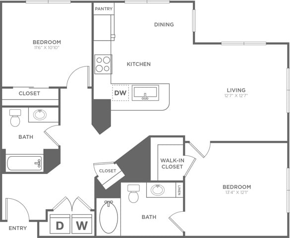 Floor plan layout diagram for Two Bedroom Two Bath (1,137 SF)