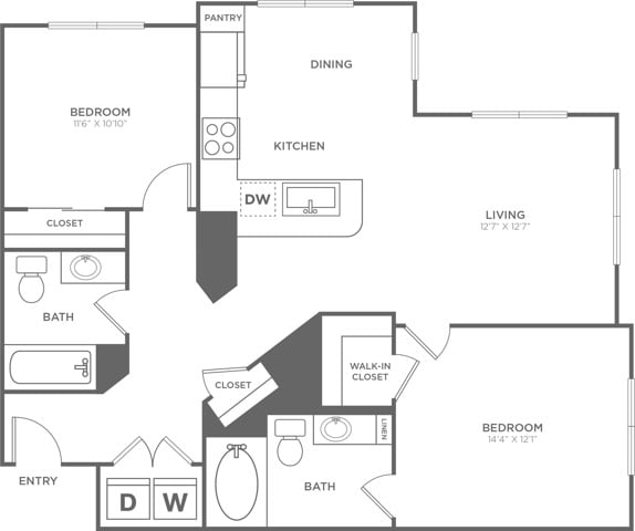 Floor plan layout diagram for Two Bedroom Two Bath (1,159 SF)