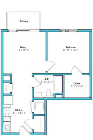 Floor plan layout diagram for One Bedroom One Bath (597 SF)