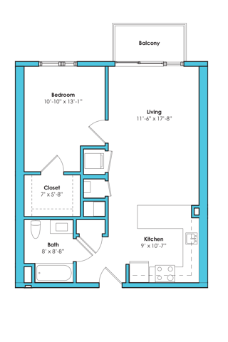 Floor plan layout diagram for One Bedroom One Bath (694 SF)